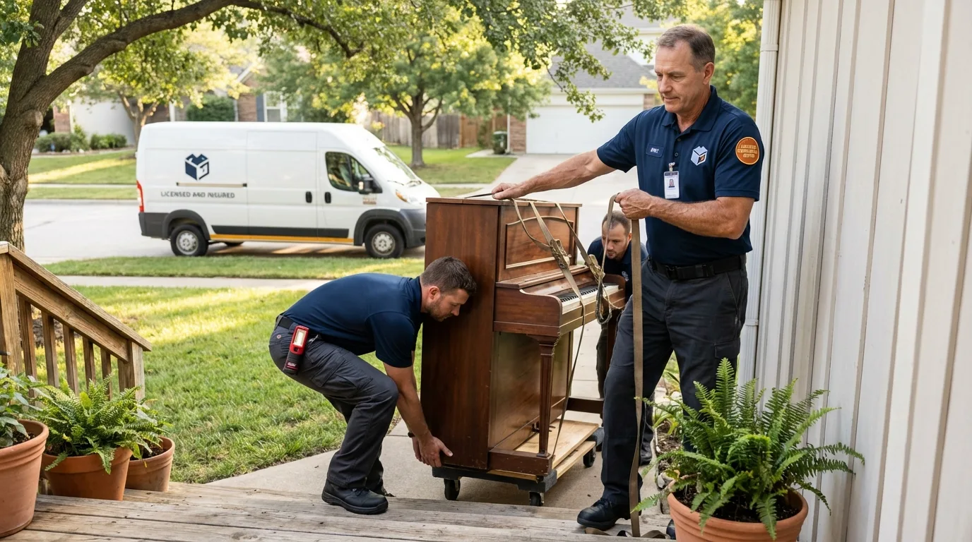 Licensed piano movers securing grand piano in Fall River, WI