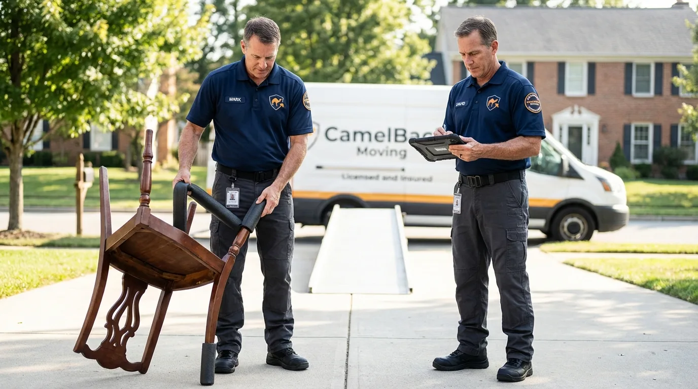 Movers inspecting furniture for damage prevention before loading in Fall River, WI