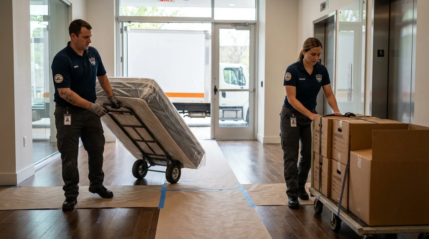 Professional apartment movers loading elevator in Fall River, WI