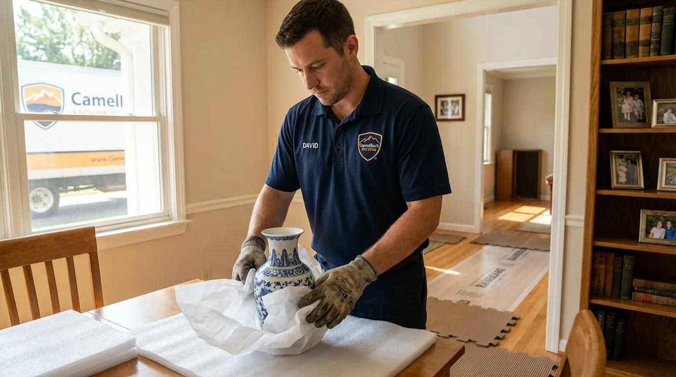 Professional crew carefully wrapping antique vase for senior downsizing move in Fall River, WI
