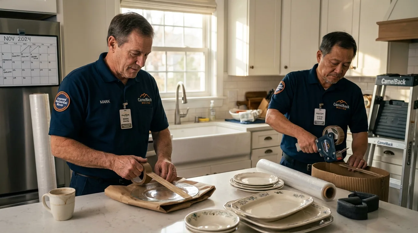 Professional crew packing kitchen dishware in Fall River, WI